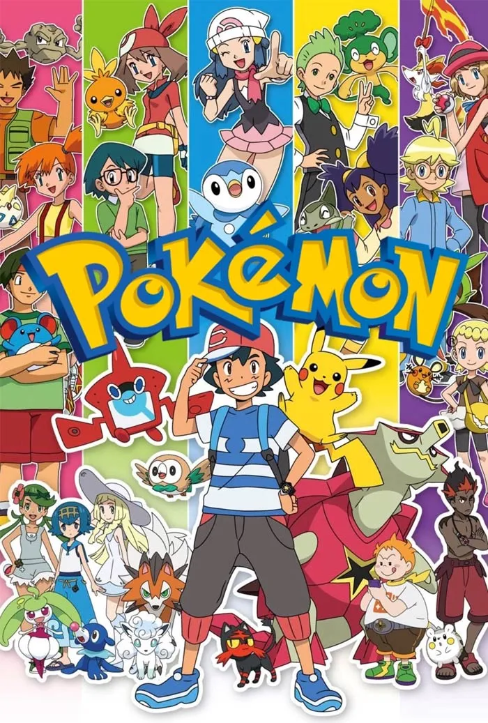 Colorful collage of ‘90s cartoon characters from Pokémon featuring trainers and Pokémon.