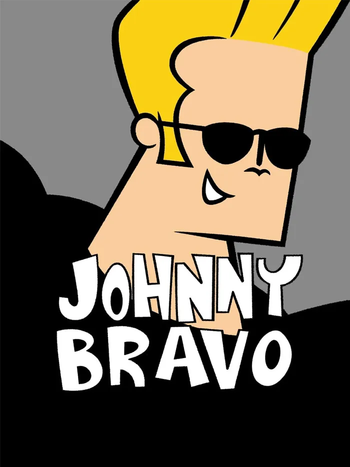 Cartoon character Johnny Bravo with blond hair and sunglasses, set against a gray background with his name in bold letters.
