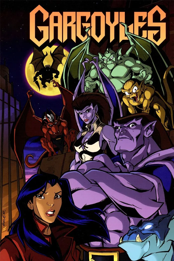 Gargoyles cartoon characters striking heroic poses against a moonlit backdrop, showcasing iconic '90s animation style.