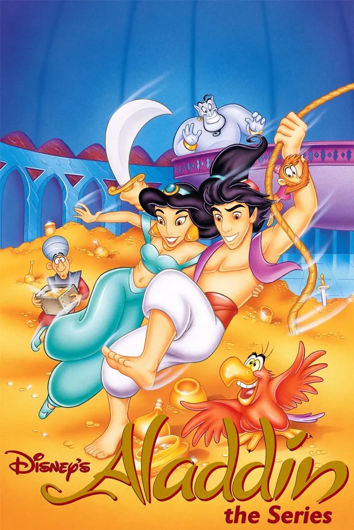 Aladdin and Jasmine from the ‘90s cartoon swinging over a pile of treasure with Genie and Iago in the background.