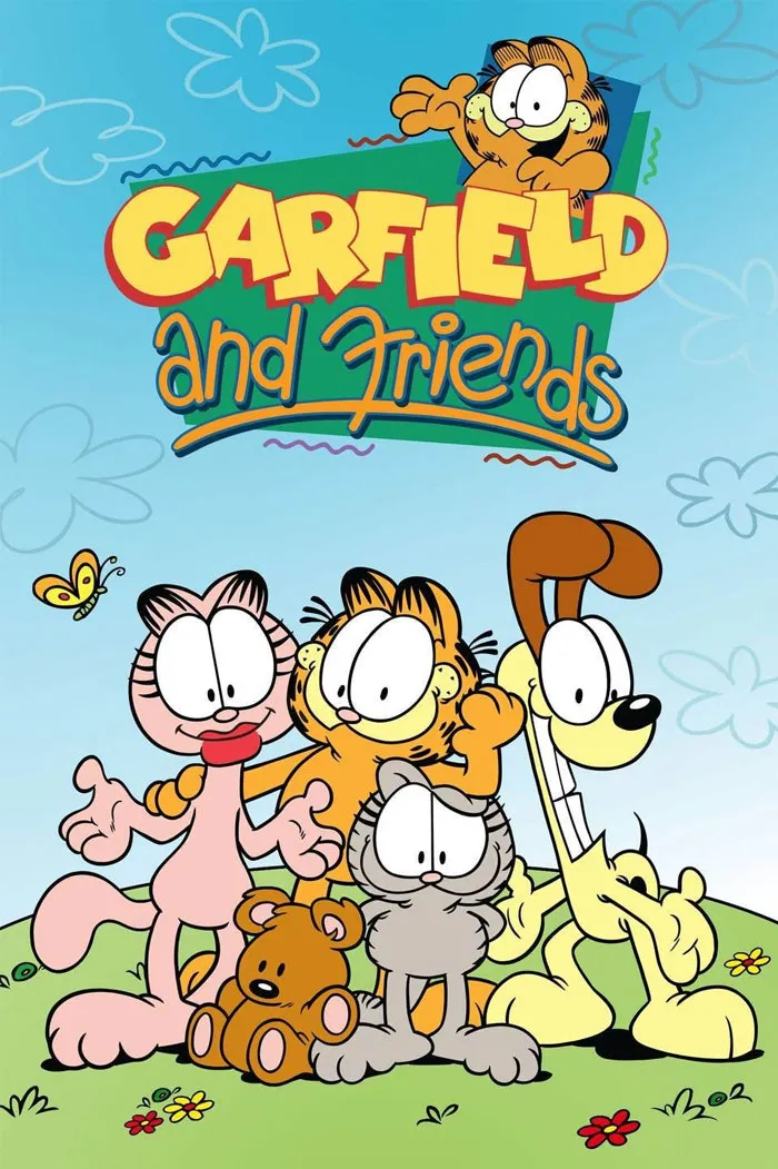 '90s cartoons: Garfield and Friends characters pose together in a cheerful outdoor scene.