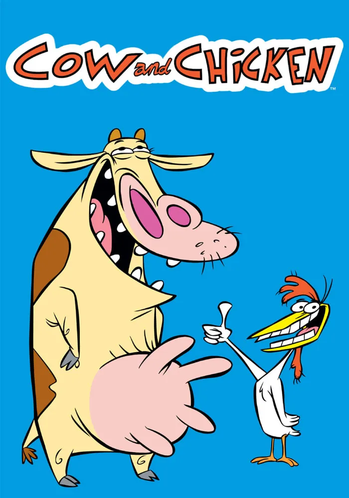 Cartoon characters Cow and Chicken from a '90s animated show, set against a blue background.