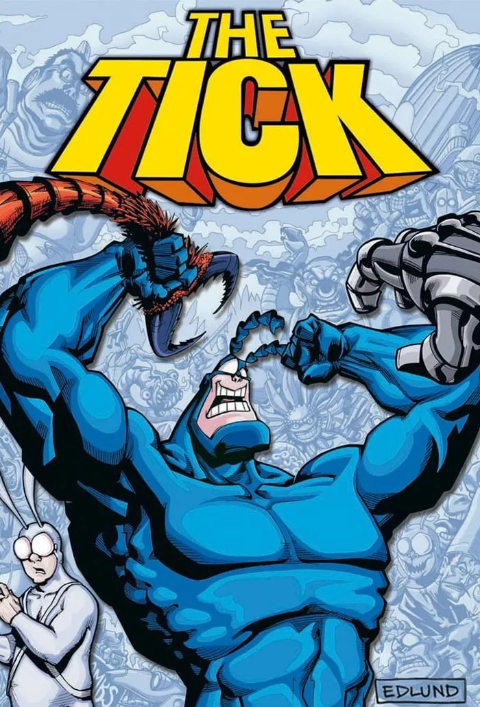 The Tick, iconic '90s cartoon character, flexing muscles with comic elements in the background.