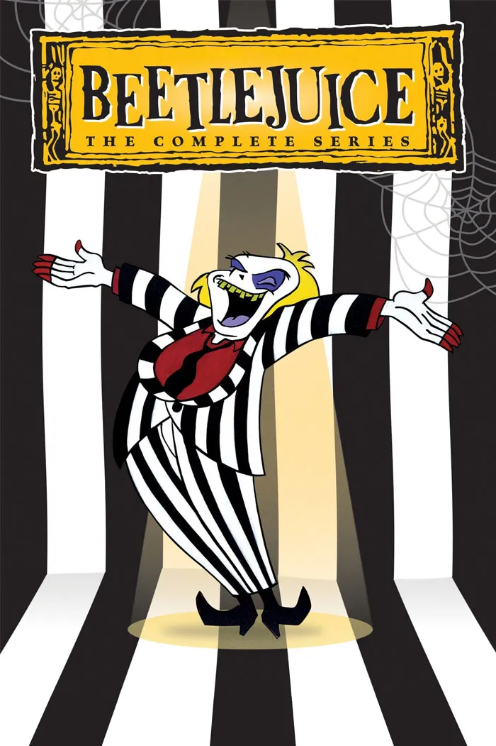 Beetlejuice character from the '90s cartoon series in a black and white striped suit with arms outstretched.