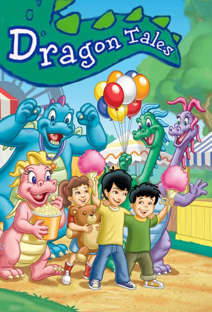 '90s cartoons: Colorful dragons and kids holding balloons and snacks at a carnival.
