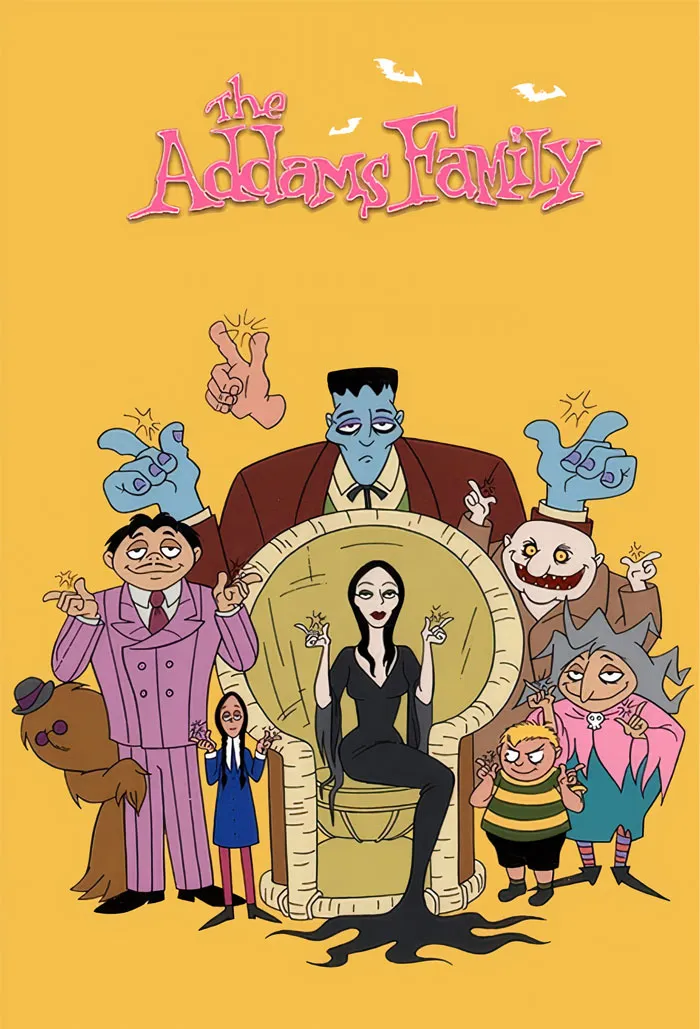 '90s cartoon characters from The Addams Family, featuring distinctive, quirky family members in vibrant colors.