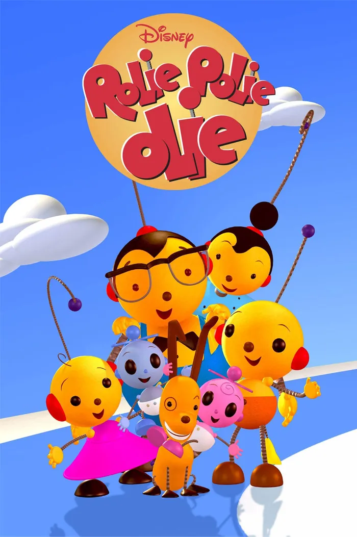 Colorful characters from the ‘90s cartoon "Rolie Polie Olie" with a bright sky backdrop.