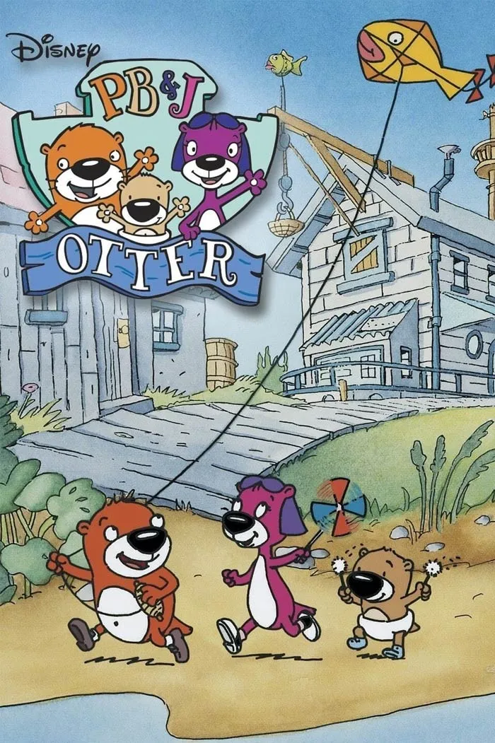 Three otters from the 90s cartoon "PB&J Otter" happily flying a kite in a backyard setting.