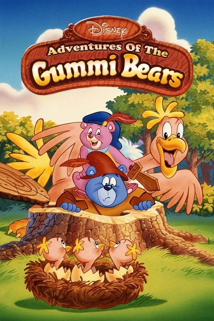 Disney Gummi Bears characters in a colorful forest setting, featuring in popular '90s cartoons.