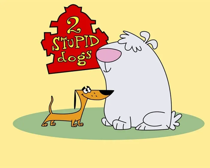 Two cartoon dogs from the '90s show "2 Stupid Dogs" sitting with a red sign in the background.