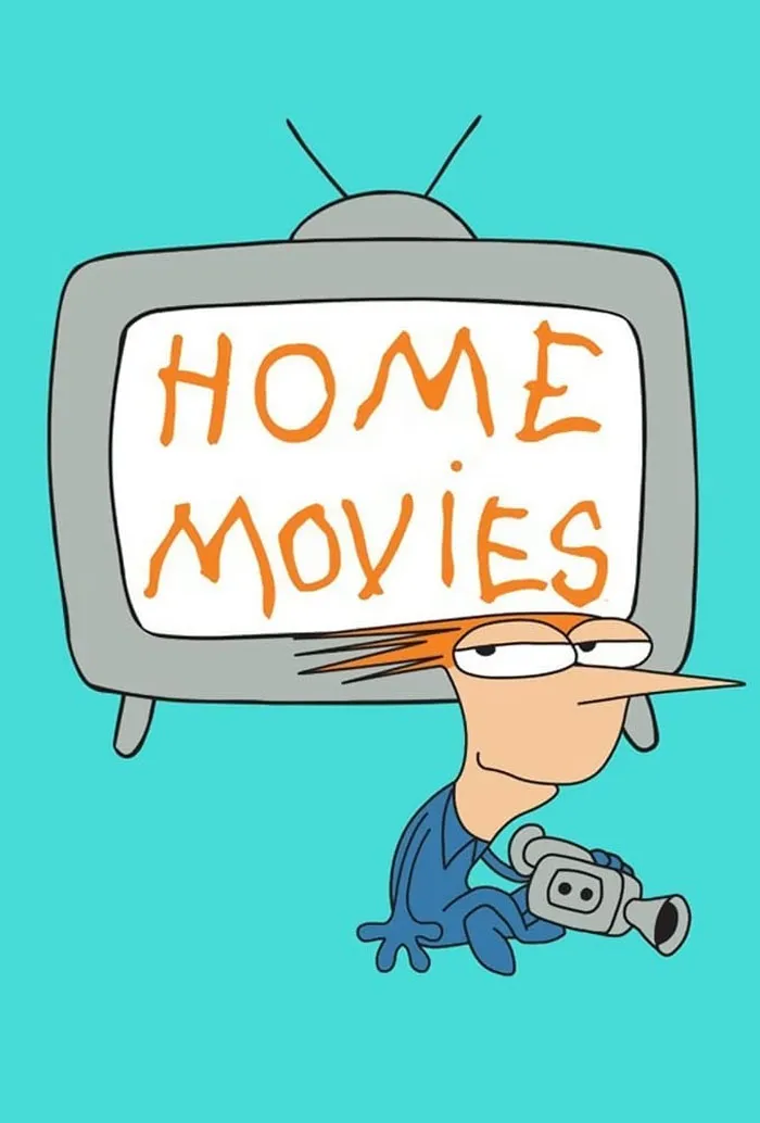 Cartoon character holding a camera in front of an old TV with "Home Movies" text, referencing '90s cartoons.