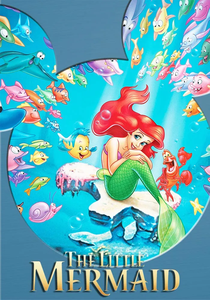Ariel from The Little Mermaid, surrounded by friendly sea creatures in vibrant underwater scene, iconic '90s cartoon.