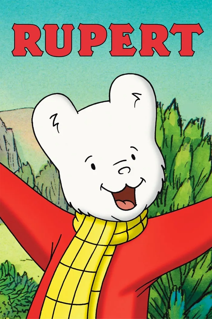 Cartoon bear with red sweater and yellow scarf, set against a forest backdrop.