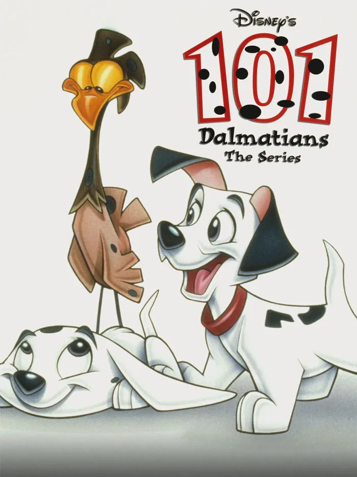 ‘90s cartoon characters from 101 Dalmatians series with two playful puppies and a chicken.
