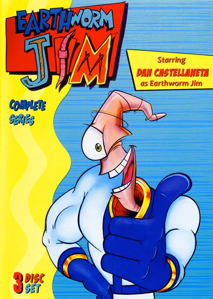Earthworm Jim cartoon cover featuring the title character in a blue and white suit giving a thumbs up.