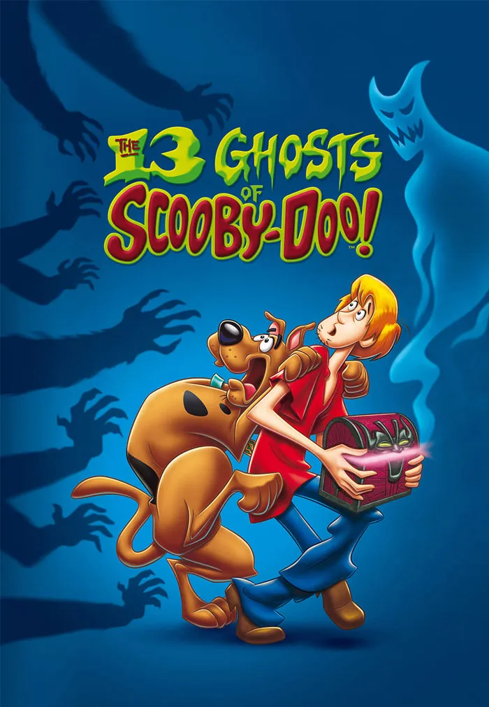 Scooby-Doo and Shaggy holding a chest, with ghostly hands reaching out; 90s cartoons theme.
