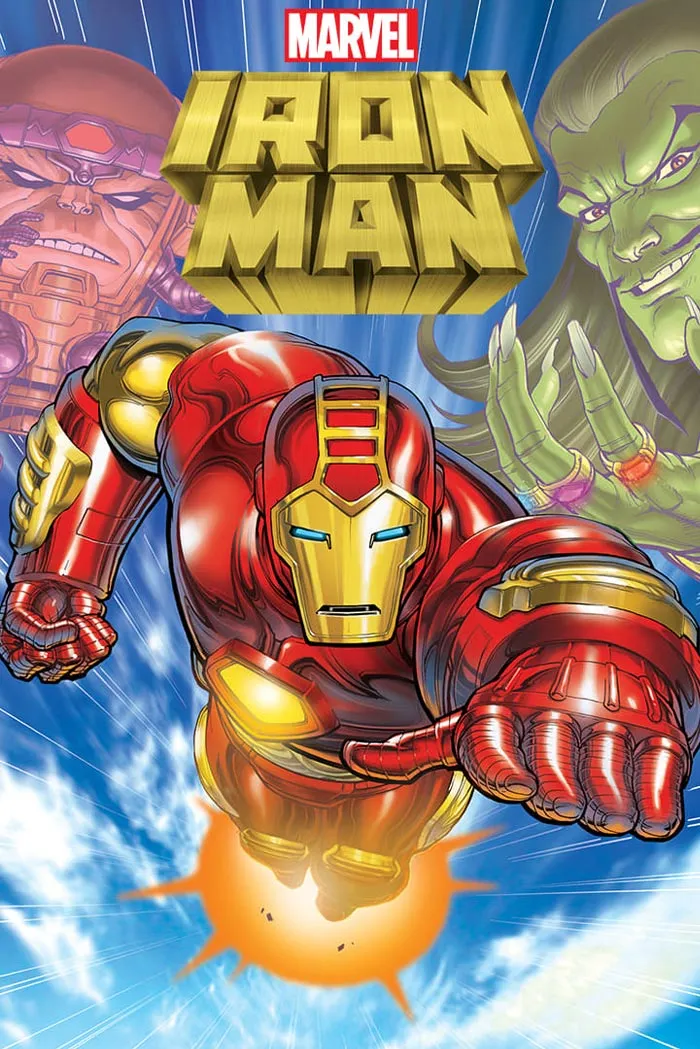 Iron Man flying forward with '90s cartoon villains in the background, highlighting '90s cartoons nostalgia.