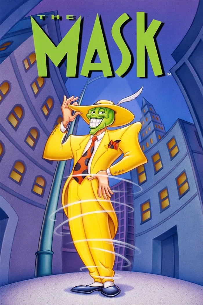 'The Mask' character in a yellow suit, iconic '90s cartoon, standing in a cityscape background.