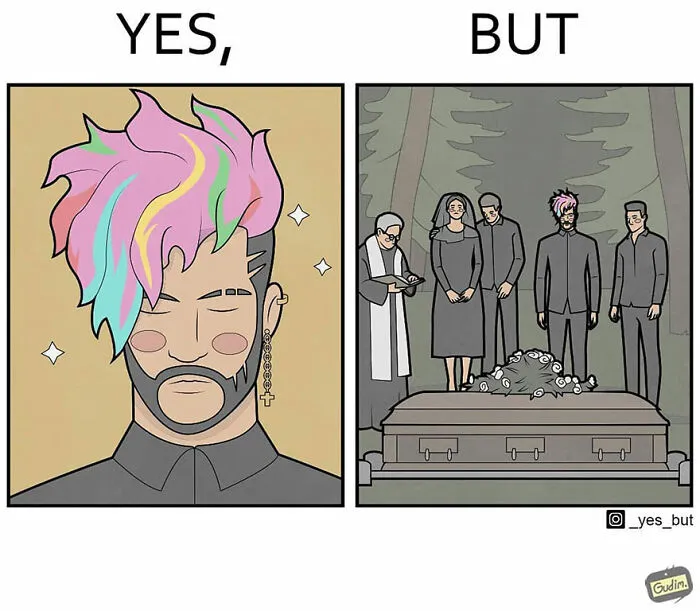 Sarcastic comic depicting a man with colorful hair at a funeral, highlighting society's contradictions.