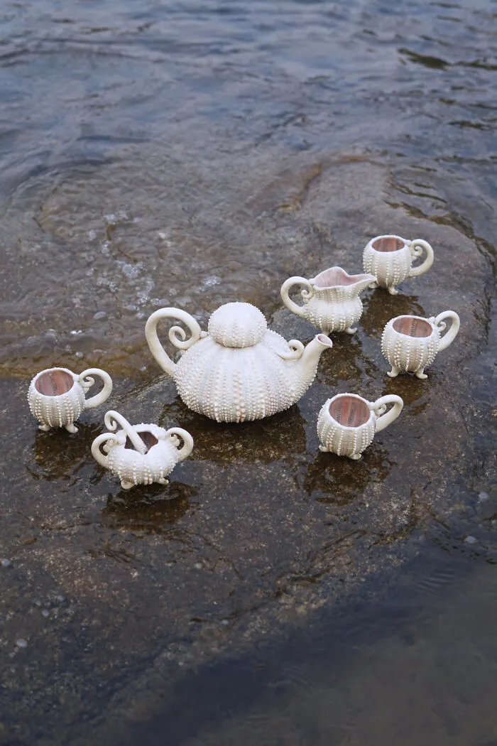I made two sea urchin tea sets because I couldn't pick between green or purple. Which do you like best?
