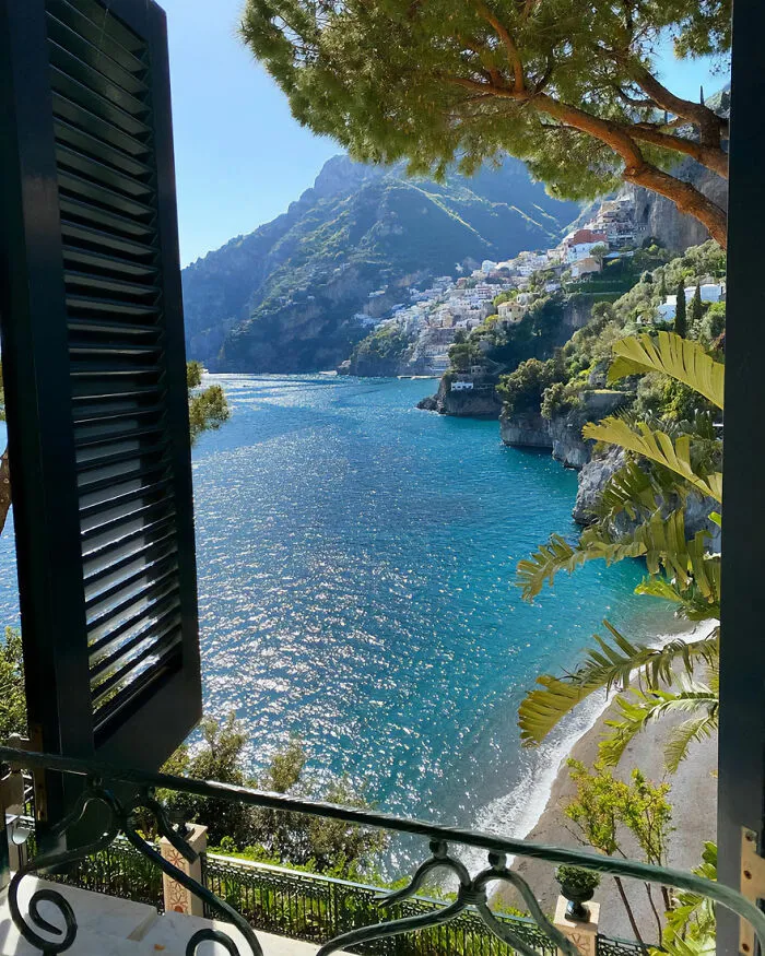 View Outside The Window In Positano, A Hillside Village On The Amalfi Coast, Campania, Italy