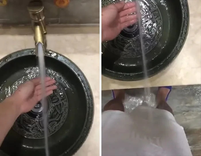 El agua va más allá del desagüe del lavamanos, así que puedo lavarme los pies