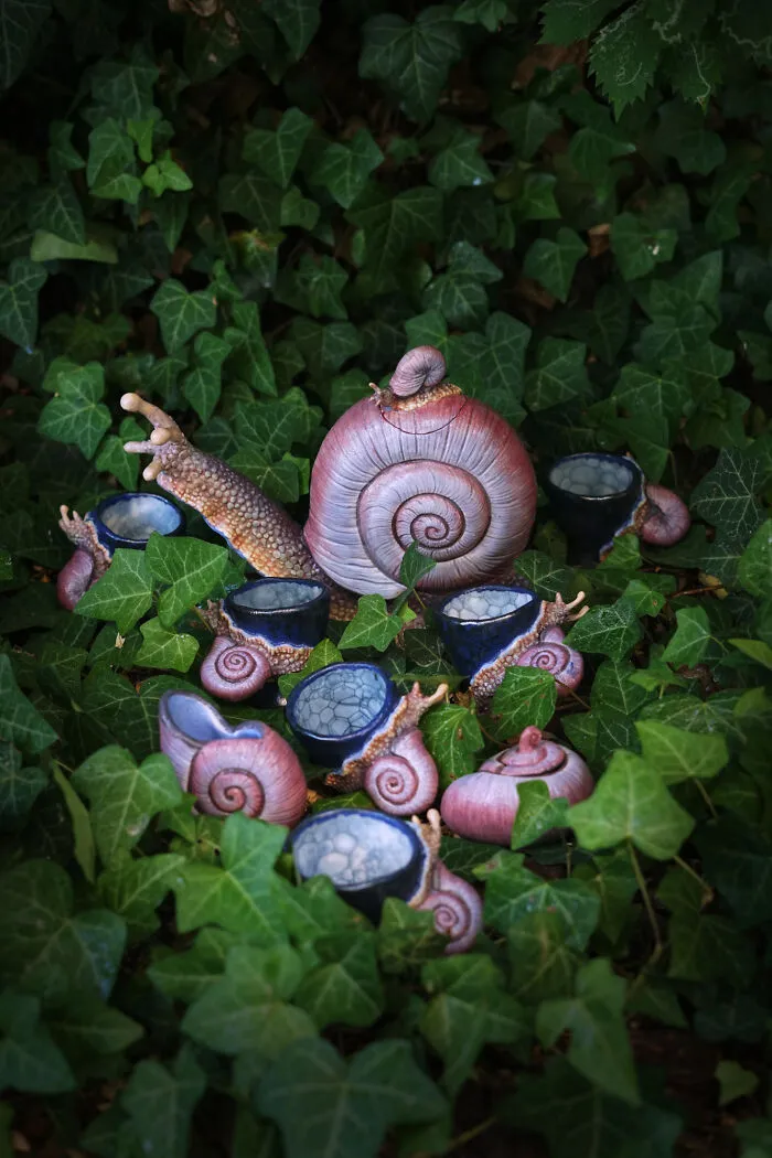 I had to make two snail tea sets because I just couldn't decide which colors I wanted to glaze them