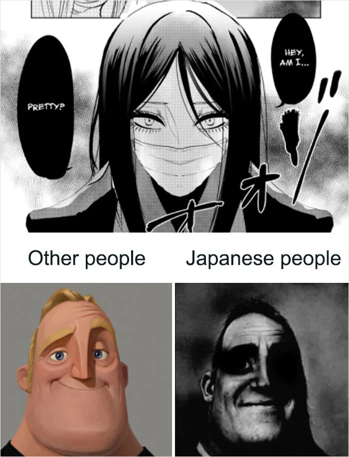 Black and white manga panel with a masked character and contrasting images labeled other people and Japanese people, history meme style.