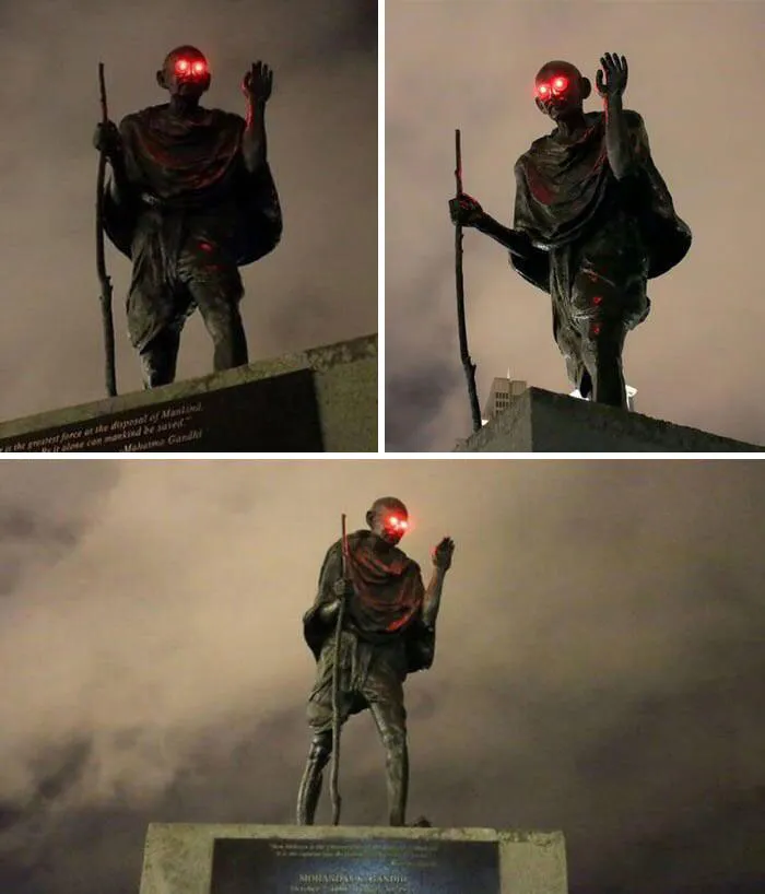 Mahatma Gandhi's Statue After Some Prankster Added Red Lights To The Eyes Of It (San Francisco, 2019)