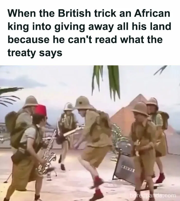 Group of people in colonial explorer outfits playing musical instruments near pyramids, illustrating history memes humor.