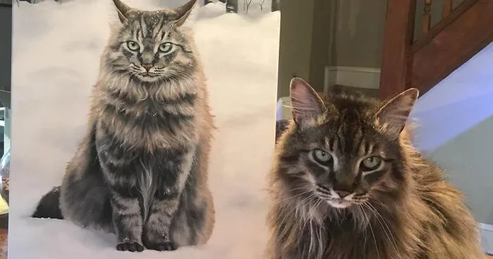 24 New Pictures Of Pets Next To Their Portraits That I've Painted