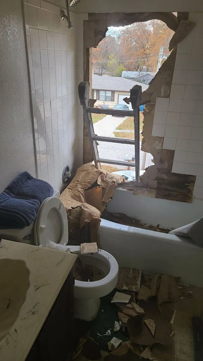 El revestimiento de mi edificio de apartamentos estaba siendo reemplazado, escuché un ruido, abrí la puerta de mi baño y vi esto