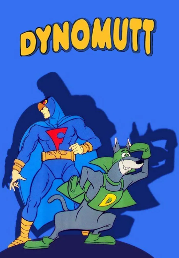 Characters from the timeless '70s cartoon Dynomutt in superhero costumes, with a bold blue background.