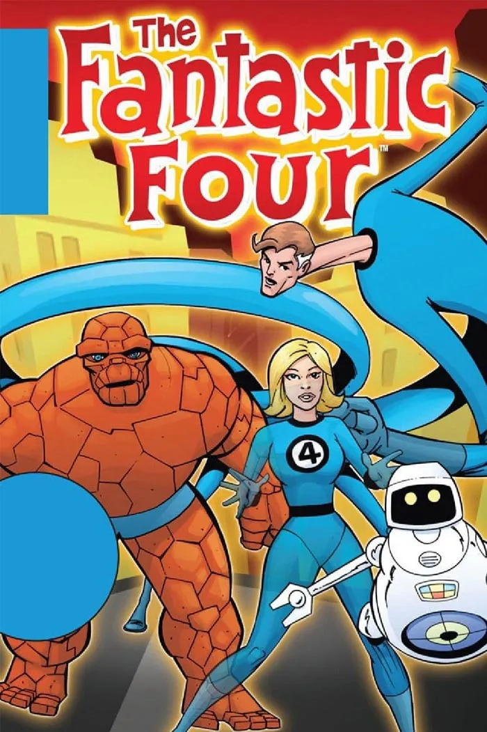 Fantastic Four characters in classic '70s cartoon style with vibrant background.