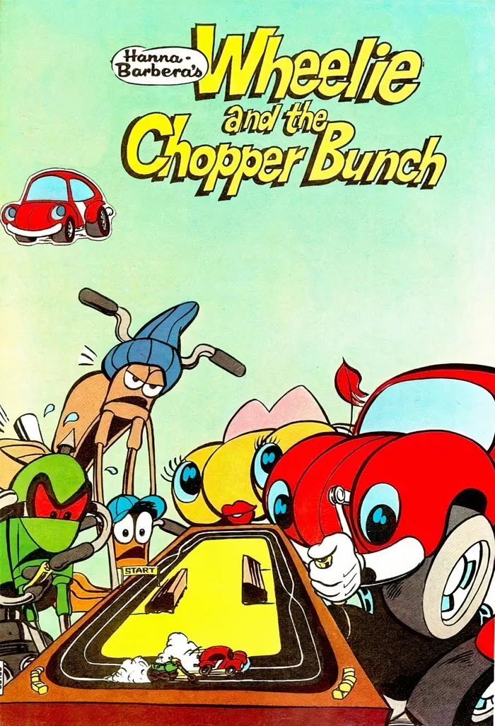 Cartoon characters from "Wheelie and the Chopper Bunch" at a racing track, capturing timeless '70s cartoon charm.