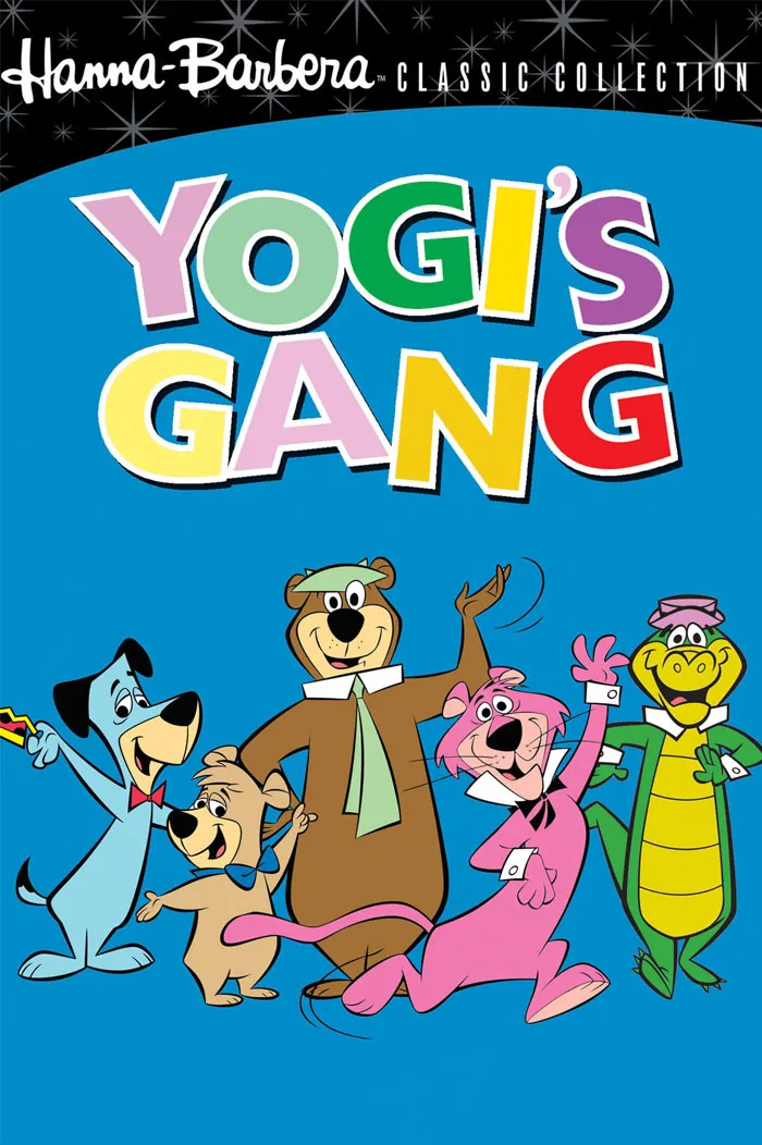 Yogi's Gang animated poster showcases timeless '70s cartoon characters in a vibrant blue background.