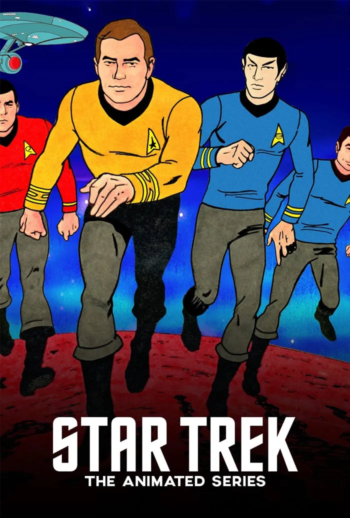 Star Trek animated crew in space, showcasing '70s timeless cartoon style with vibrant uniforms.