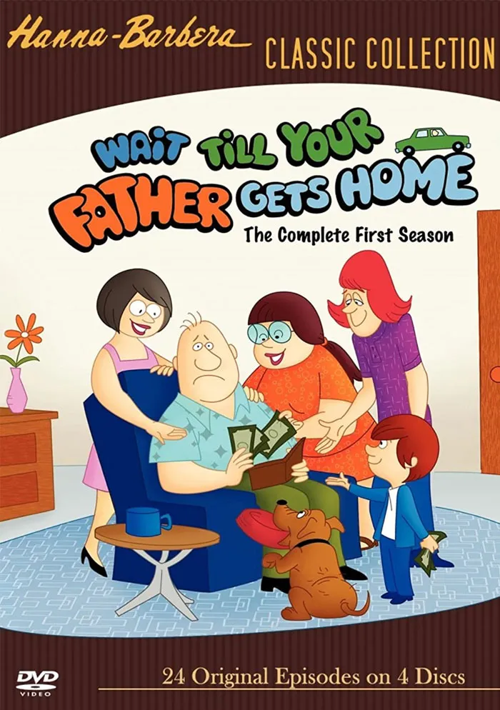 Cover of "Wait Till Your Father Gets Home" DVD, a classic '70s cartoon featuring a family with a dog, set in a living room.