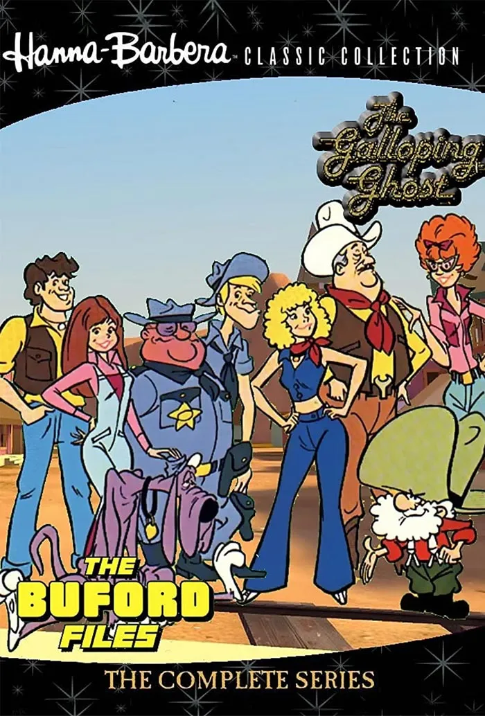 Cartoon characters from '70s show The Galloping Ghost and The Buford Files by Hanna-Barbera in a group pose.