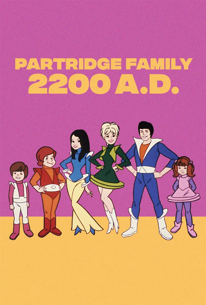 '70s cartoon characters from "Partridge Family 2200 A.D." standing together on a colorful background.