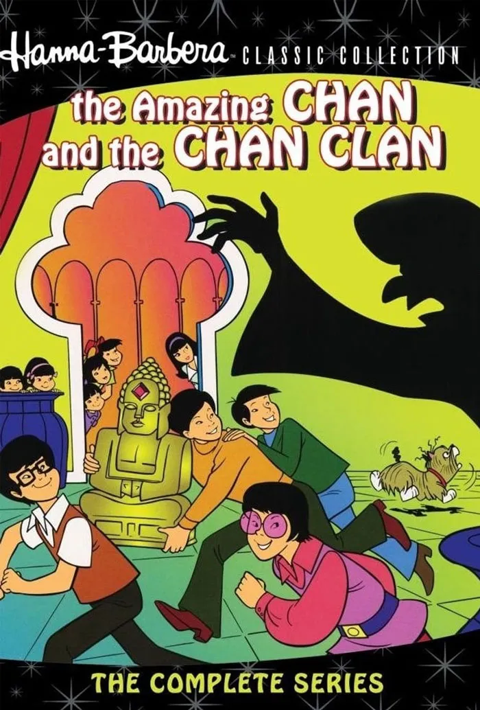 Cover of '70s cartoon series "The Amazing Chan and the Chan Clan" featuring animated characters and a mysterious shadow.