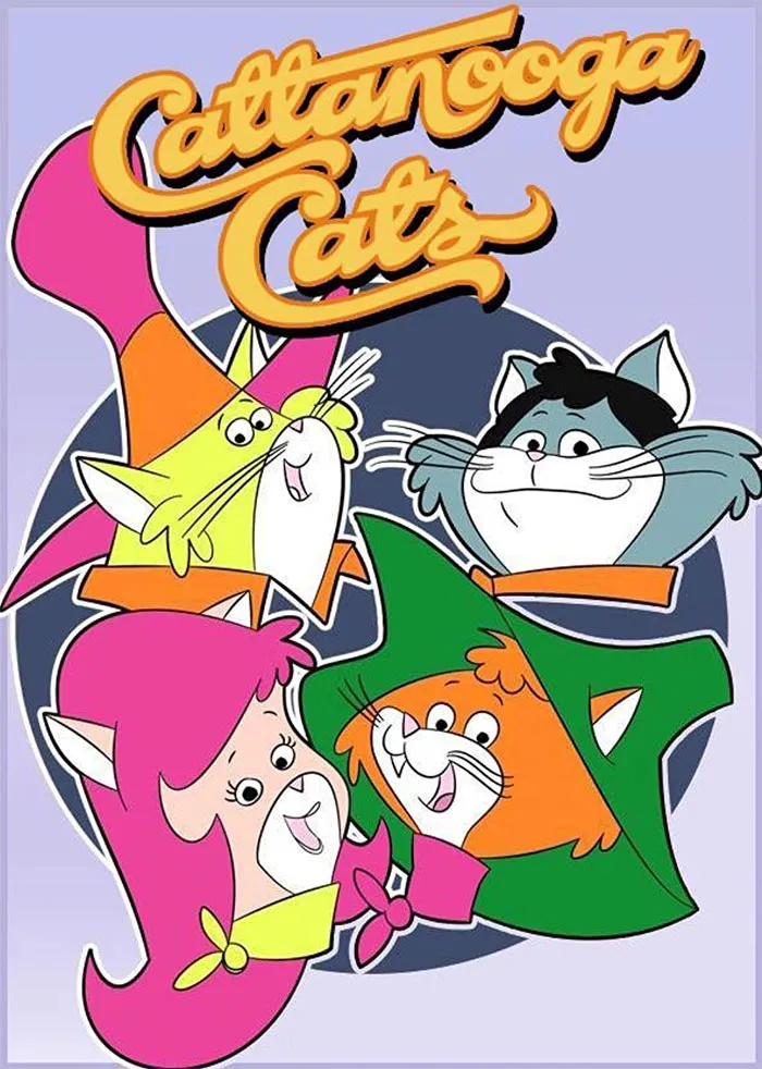 Cartoon characters from the '70s show "Cattanooga Cats" in colorful attire, showcasing retro animation style.