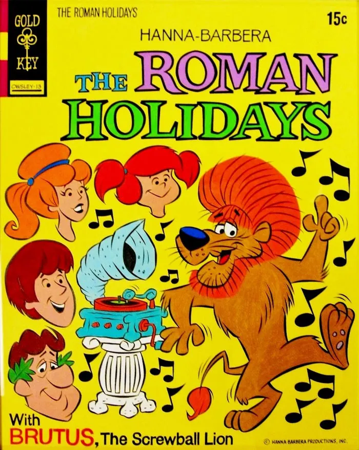 Cartoon cover features characters from 'The Roman Holidays,' with the lion Brutus dancing around a record player.