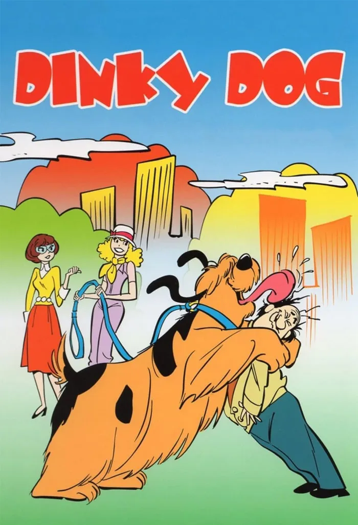 Dinky Dog, a timeless '70s cartoon, shows a large dog jumping on a person with two women in the background.