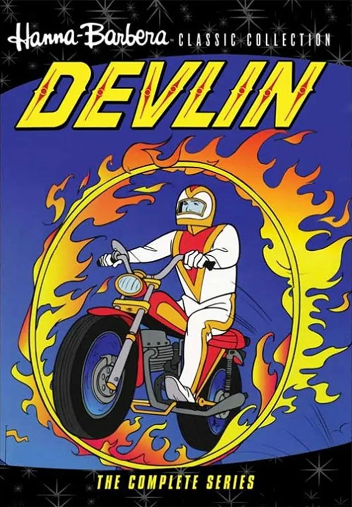 Cover of the classic '70s cartoon "Devlin" featuring a motorcyclist in a flaming circle.