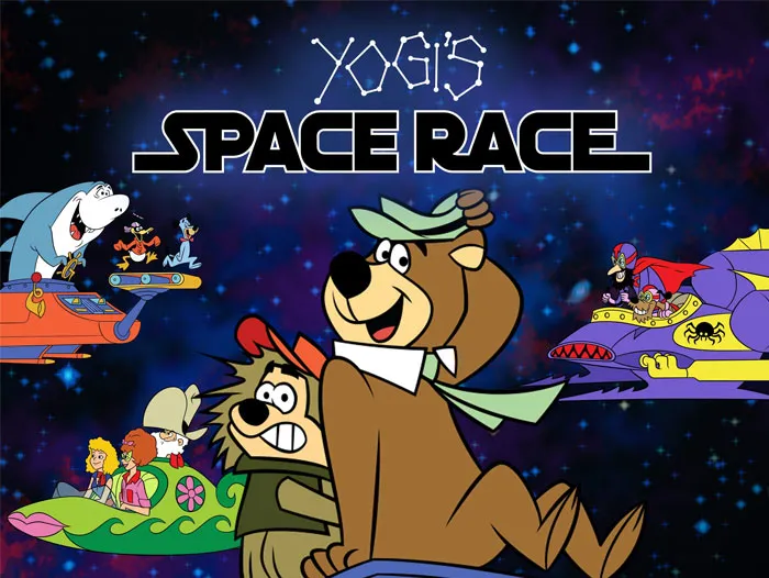 Yogi's Space Race characters in spaceships, showcasing timeless '70s cartoon charm against a cosmic backdrop.