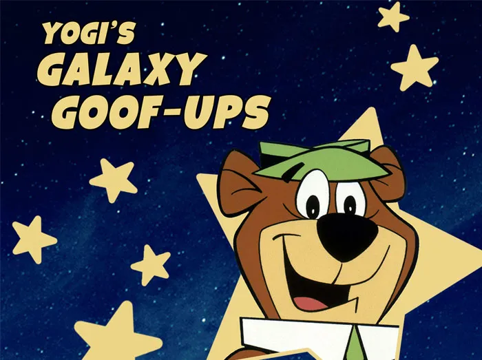 Cartoon bear smiling with stars in the background from '70s show "Yogi's Galaxy Goof-Ups".
