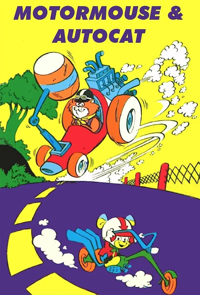 Cartoon characters Motormouse and Autocat in a race, showcasing '70s timeless animation style.