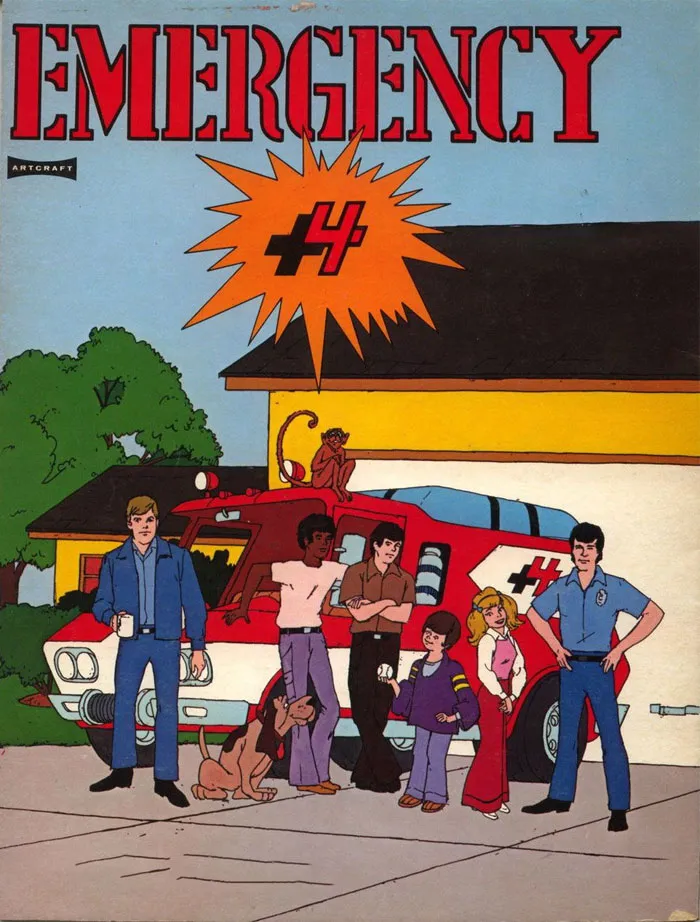'70s cartoon characters standing in front of a rescue vehicle with a dog and a monkey.