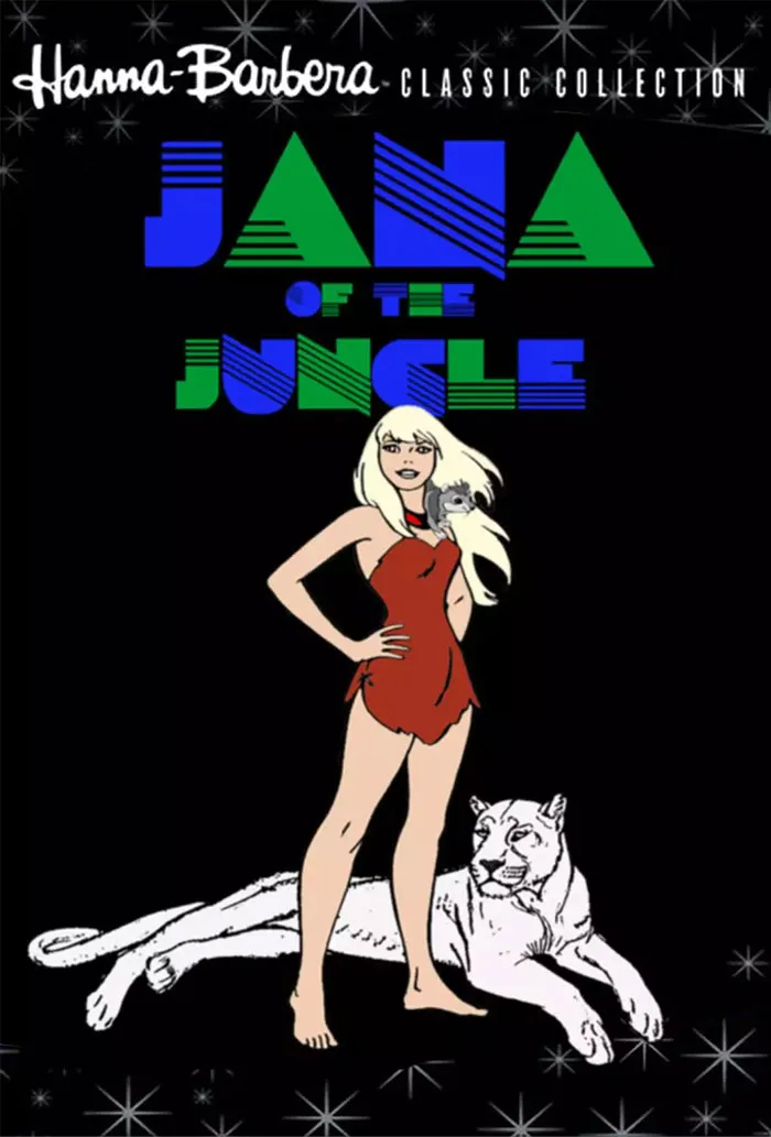 Jana of the Jungle character from '70s cartoons, in a red outfit, standing with a white panther against a black background.